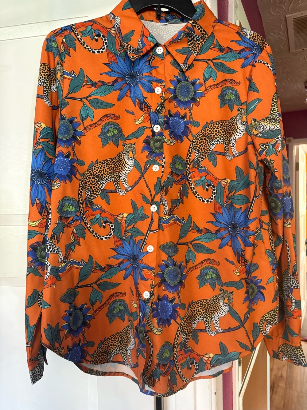 Vibrant Orange Leopard & Blue Floral Button-Up Shirt, brand new